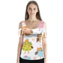 Cute Owls Pattern Butterfly Sleeve Cutout Tee  View1