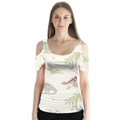 Dinosaur Art Pattern Butterfly Sleeve Cutout Tee 