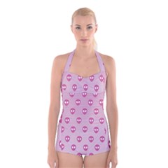 Alien Pattern Pink Boyleg Halter Swimsuit 