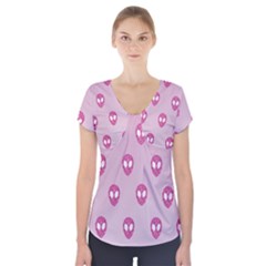 Alien Pattern Pink Short Sleeve Front Detail Top