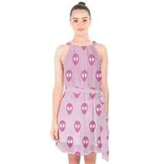 Alien Pattern Pink Halter Collar Waist Tie Chiffon Dress