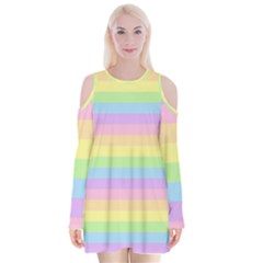 Cute Pastel Rainbow Stripes Velvet Long Sleeve Shoulder Cutout Dress
