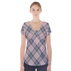 Pink And Sage Plaid Short Sleeve Front Detail Top by NorthernWhimsy