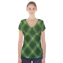 Dark Green Diagonal Plaid Short Sleeve Front Detail Top by NorthernWhimsy