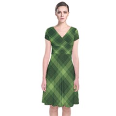 Dark Green Diagonal Plaid Short Sleeve Front Wrap Dress