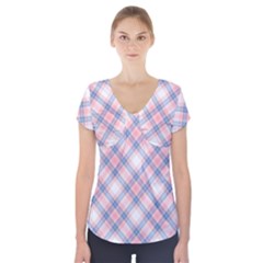 Pastel Pink And Blue Plaid Short Sleeve Front Detail Top by NorthernWhimsy