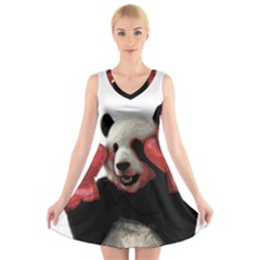 Boxing Panda  V-neck Sleeveless Skater Dress by Valentinaart