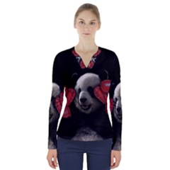 Boxing Panda  V-neck Long Sleeve Top by Valentinaart