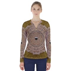 Golden Forest Silver Tree In Wood Mandala V-neck Long Sleeve Top by pepitasart