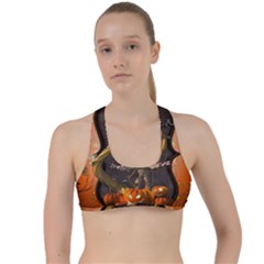 Halloween, Funny Mummy With Pumpkins Criss Cross Racerback Sports Bra by FantasyWorld7