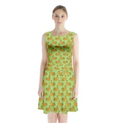 Green And Yellow Banana Bunch Pattern Sleeveless Waist Tie Chiffon Dress