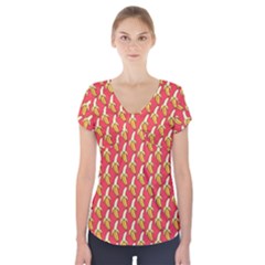 Bright Pink And Yellow Peeled Banana Patterns Short Sleeve Front Detail Top by NorthernWhimsy