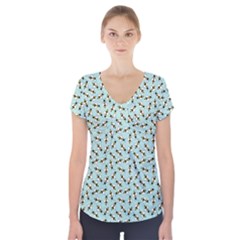 Blue Honeybee Pattern Short Sleeve Front Detail Top by NorthernWhimsy