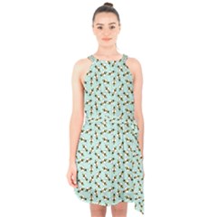 Blue Honeybee Pattern Halter Collar Waist Tie Chiffon Dress