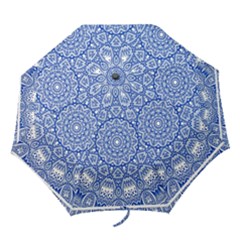 Blue Mandala Art Pattern Folding Umbrellas by paulaoliveiradesign