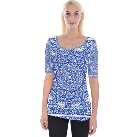 Blue Mandala Art Pattern Wide Neckline Tee by paulaoliveiradesign