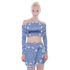Blue Mandala Art Pattern Off Shoulder Top With Skirt Set