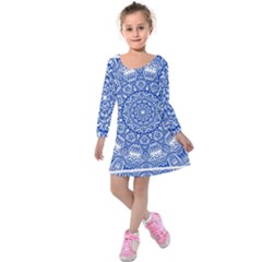 Blue Mandala Art Pattern Kids  Long Sleeve Velvet Dress