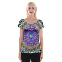 Colorful Purple Green Mandala Pattern Cap Sleeve Tops