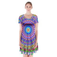 Colorful Purple Green Mandala Pattern Short Sleeve V-neck Flare Dress by paulaoliveiradesign