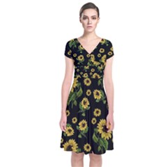 Sunflowers Pattern Short Sleeve Front Wrap Dress