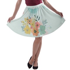 Watercolor Floral Blue Cute Butterfly Illustration A-line Skater Skirt by paulaoliveiradesign