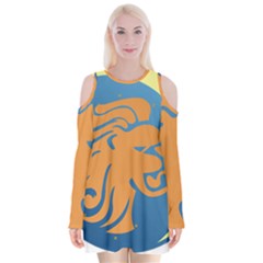 Lion Zodiac Sign Zodiac Moon Star Velvet Long Sleeve Shoulder Cutout Dress by Nexatart