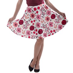 Red Floral Seamless Pattern A-line Skater Skirt by TastefulDesigns