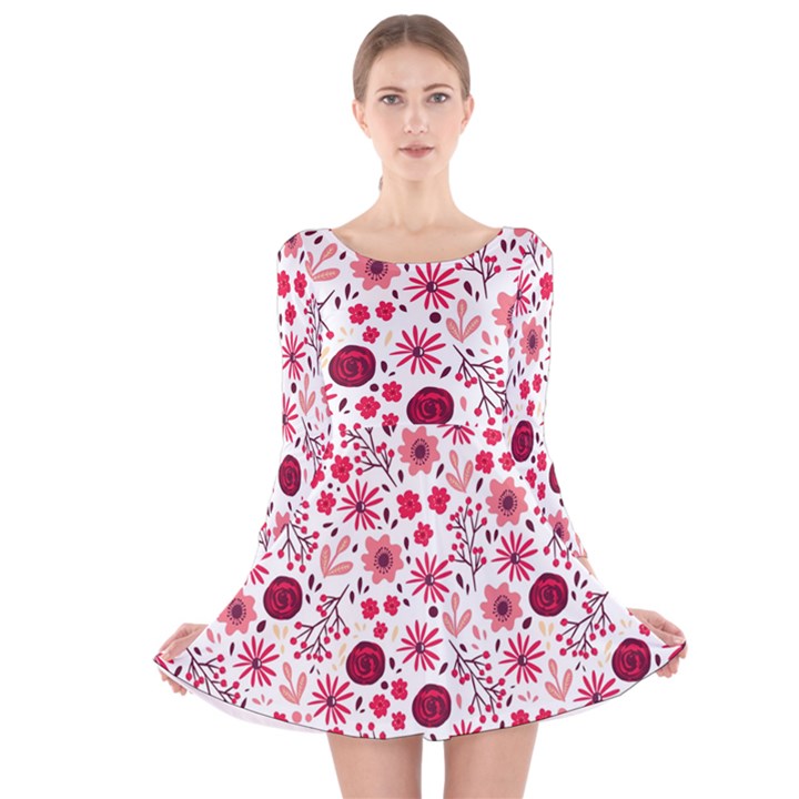 Red floral seamless pattern Long Sleeve Velvet Skater Dress