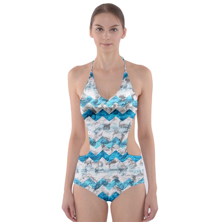 Baby Blue Chevron Grunge Cut-Out One Piece Swimsuit