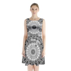 Feeling Softly Black White Mandala Sleeveless Waist Tie Chiffon Dress by designworld65