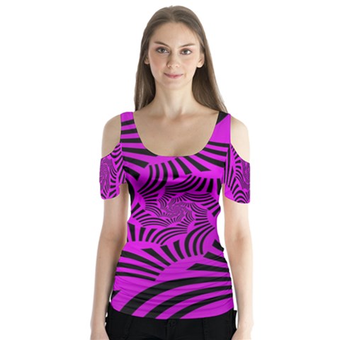 Black Spral Stripes Pink Butterfly Sleeve Cutout Tee  by designworld65