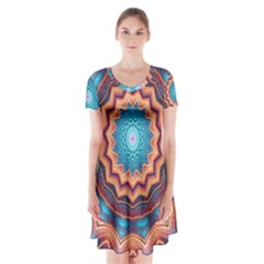 Blue Feather Mandala Short Sleeve V-neck Flare Dress by designworld65