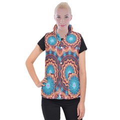 Blue Feather Mandala Women s Button Up Puffer Vest