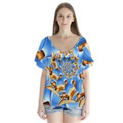 Gold Blue Bubbles Spiral Flutter Sleeve Top by designworld65