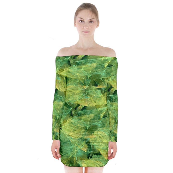 Green Springtime Leafs Long Sleeve Off Shoulder Dress