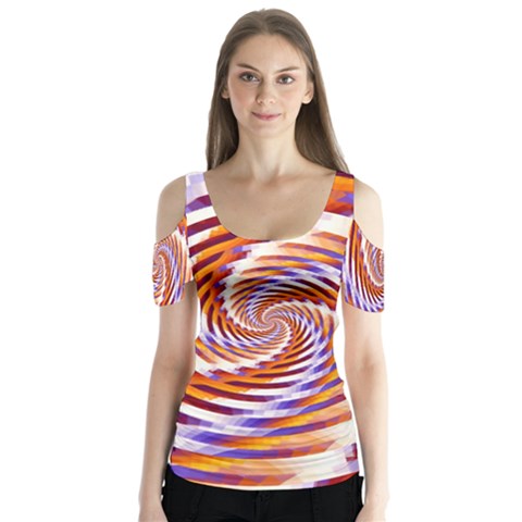 Woven Colorful Waves Butterfly Sleeve Cutout Tee  by designworld65