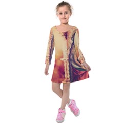 Fantasy Art Painting Magic Woman  Kids  Long Sleeve Velvet Dress