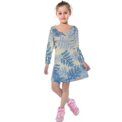 Fabric Embroidery Blue Texture Kids  Long Sleeve Velvet Dress by paulaoliveiradesign