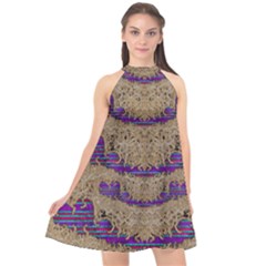 Pearl Lace And Smiles In Peacock Style Halter Neckline Chiffon Dress 