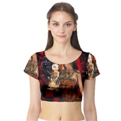 Steampunk, Beautiful Steampunk Lady With Clocks And Gears Short Sleeve Crop Top (tight Fit) by FantasyWorld7