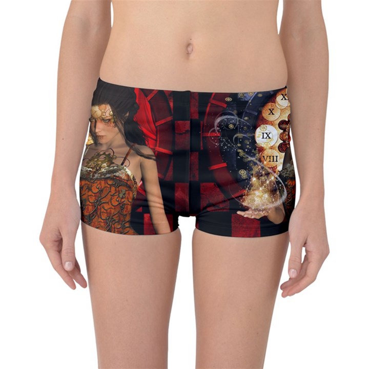 Steampunk, Beautiful Steampunk Lady With Clocks And Gears Reversible Boyleg Bikini Bottoms