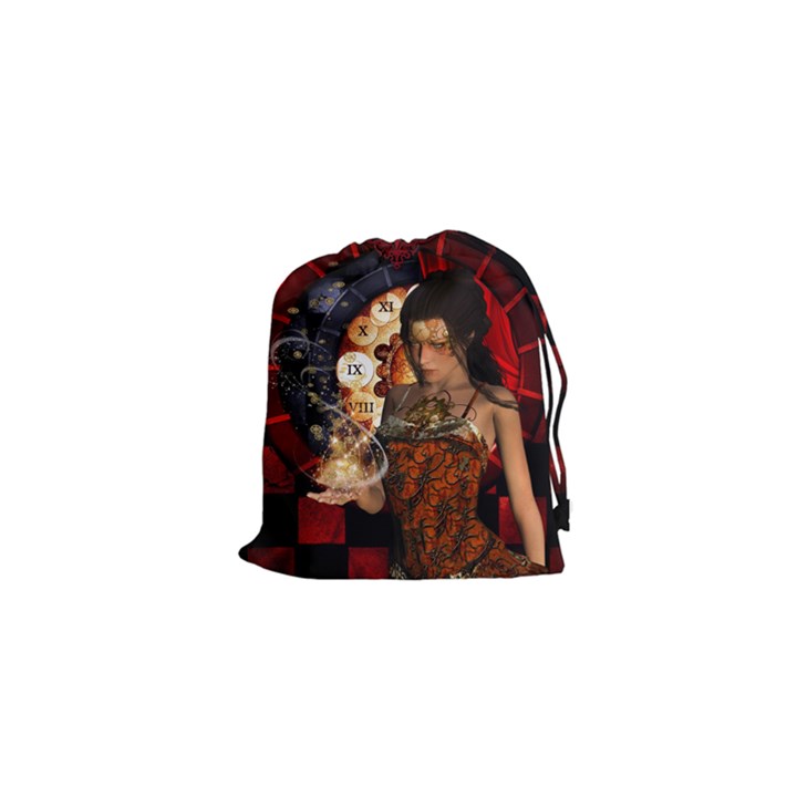 Steampunk, Beautiful Steampunk Lady With Clocks And Gears Drawstring Pouches (XS) 