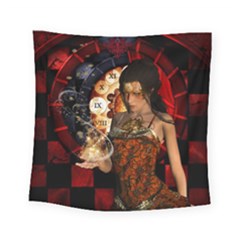 Steampunk, Beautiful Steampunk Lady With Clocks And Gears Square Tapestry (small) by FantasyWorld7