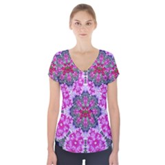 Fantasy Cherry Flower Mandala Pop Art Short Sleeve Front Detail Top by pepitasart