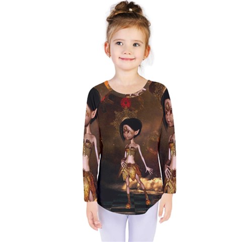 Steampunk, Cute Little Steampunk Girl In The Night With Clocks Kids  Long Sleeve Tee by FantasyWorld7