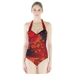 Cherry Blossom, Red Colors Halter Swimsuit