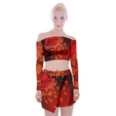 Cherry Blossom, Red Colors Off Shoulder Top With Skirt Set by FantasyWorld7
