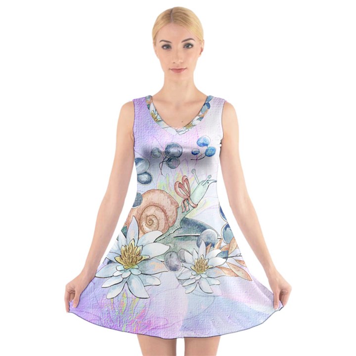 Snail And Waterlily, Watercolor V-Neck Sleeveless Skater Dress