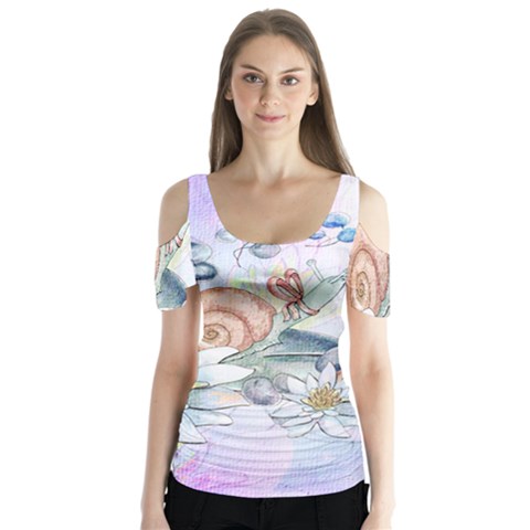 Snail And Waterlily, Watercolor Butterfly Sleeve Cutout Tee  by FantasyWorld7
